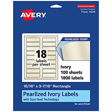 Avery® Pearlized Permanent Labels With Sure Feed®, 94218-PIP100, Rectangle, 15/16" x 3-7/16", Ivory, Pack Of 1,800 Labels
