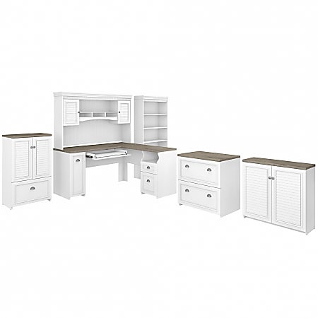 Bush Furniture Fairview 60"W L-Shaped Desk With Hutch, Bookcase, Storage And File Cabinets, Shiplap Gray/Pure White, Standard Delivery