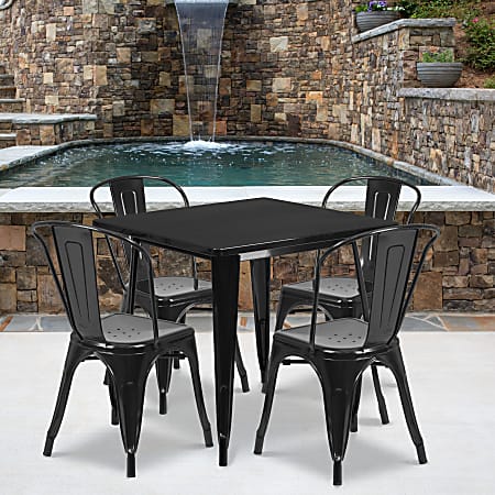 Flash Furniture Commercial-Grade Square Metal Table Set With 4 Stack Chairs, 29-1/2"H x 31-1/2"W x 31-1/2"D, Black