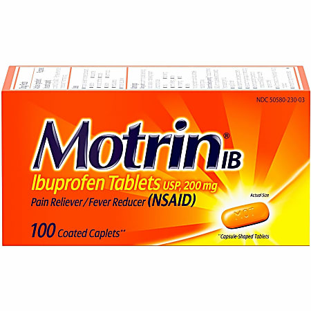 Motrin Ibuprofen Caplets - For Fever, Common Cold, Headache, Backache, Muscular Pain, Arthritis, Toothache - 100 / Box