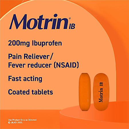 Motrin IB Ibuprofen Tablets - For Fever, Common Cold, Headache, Backache, Muscular Pain, Arthritis, Toothache - 100 / Box Motrin IB Ibuprofen Tablets - For Fever, Common Cold, Headache, Backache, Muscular Pain, Arthritis, Toothache - 100 / Box