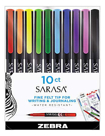 Zebra® Pen SARASA® Fineliner Felt-Tip Pens, Pack Of 10 , Needle Point, 0.8 mm, Assorted Colors