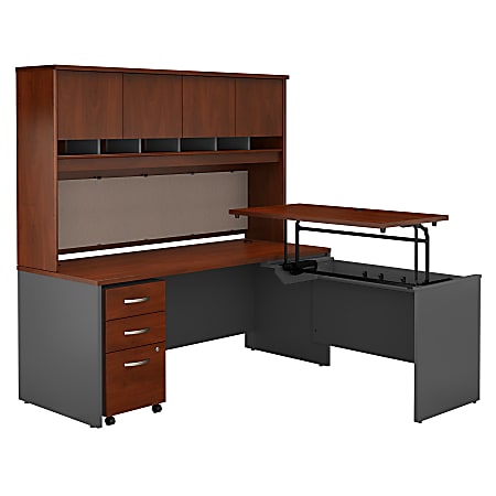 Bush Business Furniture Components 72"W 3 Position Sit to Stand L Shaped Desk with Hutch and Mobile File Cabinet, Hansen Cherry/Graphite Gray, Premium Installation