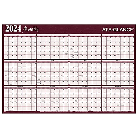 2024 AT-A-GLANCE® Horizontal Reversible Erasable Yearly Wall Calendar, 48" x 32", Red, January to December 2024, A152