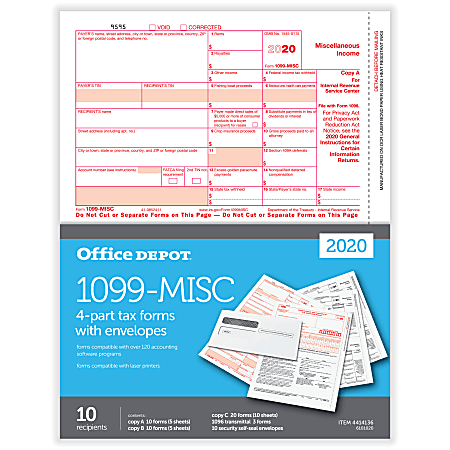 Office Depot® Brand 1099-MISC Laser Tax Forms And Envelopes, 2-Up, 4-Part, 8-1/2" x 11", Pack Of 10 Form Sets