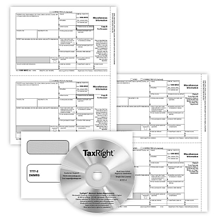 ComplyRight® 1099-MISC Recipient Copy Only Tax Form Set, 3-Part, 2-Up, with Envelopes & TaxRight Software, Pack of 50