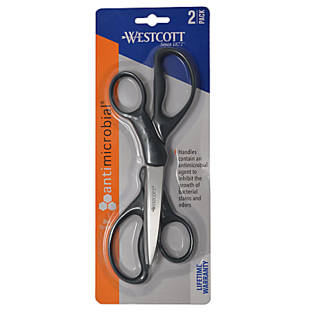 Westcott Hard Handle Scissors With Antimicrobial Protection, 8", Pointed, Black, Pack Of 2 Pairs