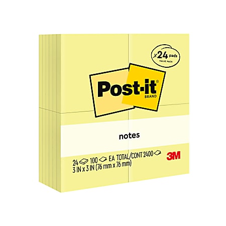 Post-it Notes Value Pack, 3 in x 3 in, 24 Pads, 100 Sheets/Pad, Clean Removal, Canary Yellow