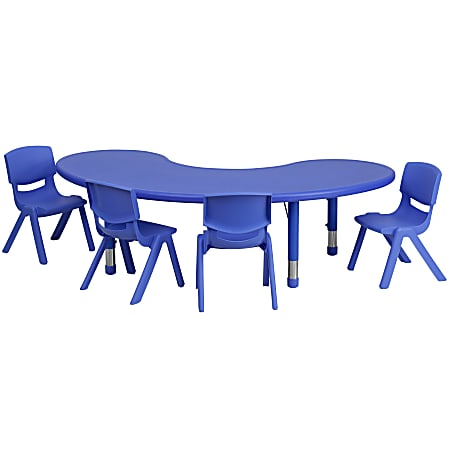 Flash Furniture Half-Moon Plastic Height-Adjustable Activity Table Set With 4 Chairs, 23-3/4"H x 35"W x 65"D, Blue