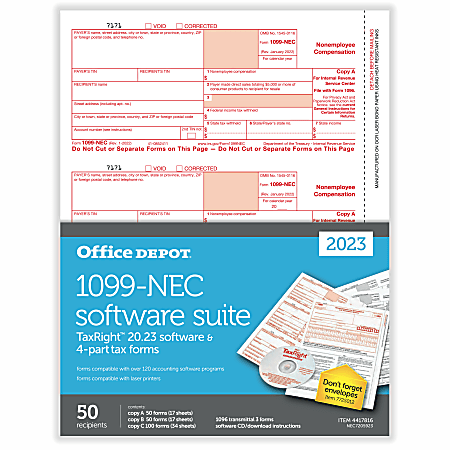 Office Depot® Brand 1099-NEC Laser Tax Forms With Software, 4-Part, 3-Up, 8-1/2" x 11", Pack Of 50 Form Sets