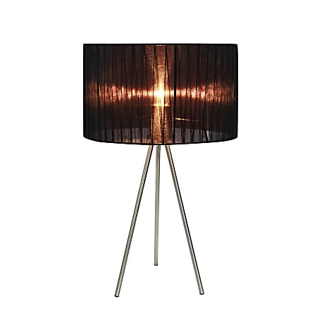 Simple Designs Tripod Table Lamp with Pleated Silk Sheer Shade, 19.69"H, Brushed Nickel/Black