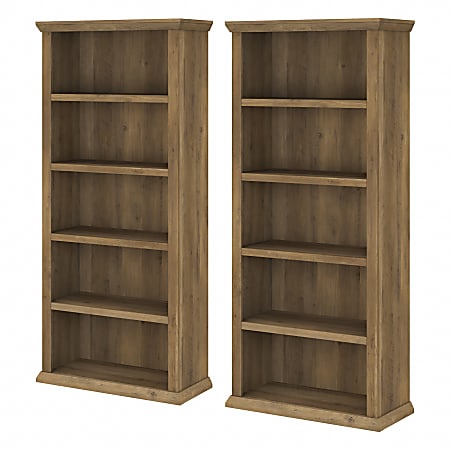 Bush Furniture Yorktown Tall 5-Shelf Bookcases, Reclaimed Pine, Set Of 2 Bookcases, Standard Delivery