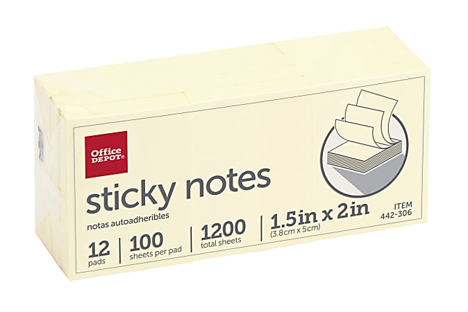 Office Depot® Brand Sticky Notes, 1-1/2" x 2", Yellow, 100 Sheets Per Pad, Pack Of 12 Pads