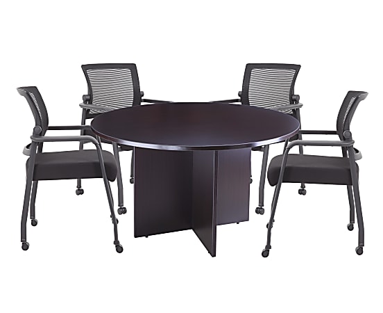 Boss Office Products 47" Round Table And Mesh Guest Chairs With Casters Set, Mocha/Black