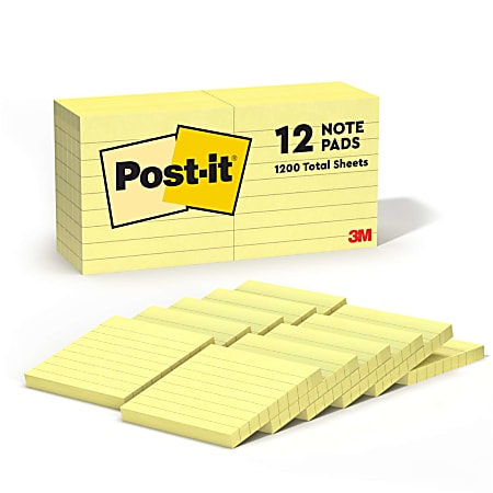 Post-it&reg; Notes, 3 x 3 in, 12 Lined Sticky Note Pads, 100 Sheets/Pad, School Supplies and Office Products, The Iconic Canary Yellow Note
