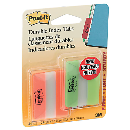 Post-it® Durable Tabs, 1 1/2" x 2", Fluorescent Green/Orange, 25 Flags Per Pad, Pack Of 2 Pads