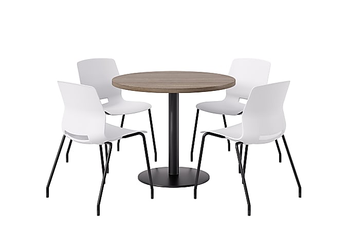 KFI Studios Midtown Pedestal Round Standard Height Table Set With Imme Armless Chairs, 31-3/4”H x 22”W x 19-3/4”D, Studio Teak Top/Black Base/White Chairs