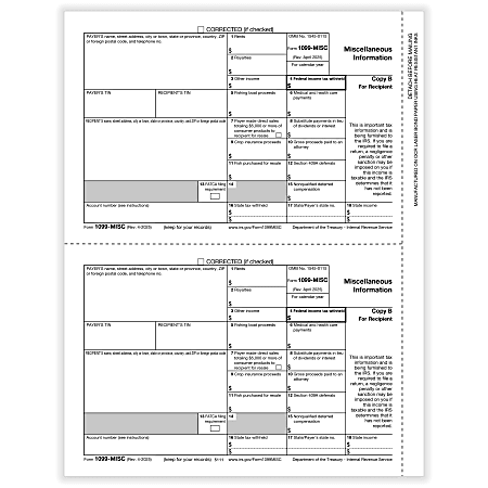 ComplyRight&reg; 1099-MISC Tax Forms, Recipient Copy B, 2-Up, 8-1/2" x 11", Pack Of 100 Forms, 51115025