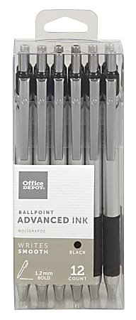 Office Depot® Brand Advanced Ink Retractable Ballpoint Pens, Bold Point, 1.2 mm, Silver Barrel, Black Ink, Pack Of 12
