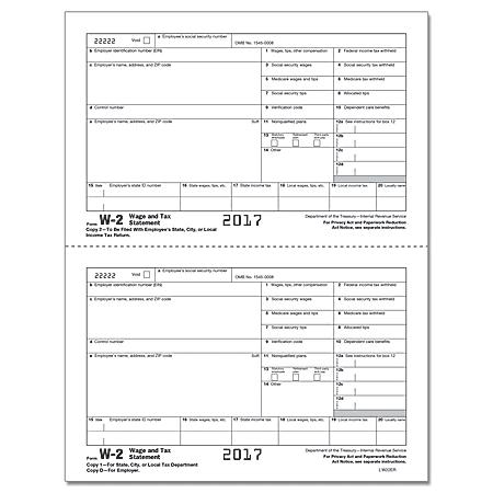 ComplyRight W-2 Inkjet/Laser Tax Forms For 2017, State Tax Department Copy 1 And Employer Copy D Combined, 2-Up, 8 1/2" x 11", Pack Of 50 Forms
