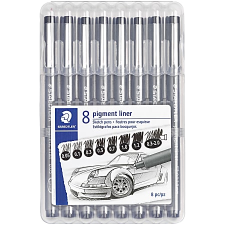 Staedtler 8 Pigment Liner Sketch Pen Set - 0.05 mm, 0.1 mm, 0.3 mm, 0.5 mm, 0.7 mm, 1 mm, 1.2 mm, 0.3 mm, 2 mm Pen Point Size - Chisel Pen Point Style - Black Pigment-based Ink - Gray Polypropylene Barrel - Metal Tip - 8 / Set
