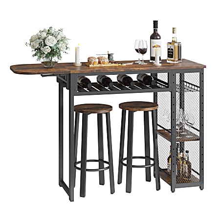 Bestier Expandable Bar Table And Stool Set With Wine Rack & Shelves, 36"H x 55-1/8"W x 15-13/16"D, Rustic Brown