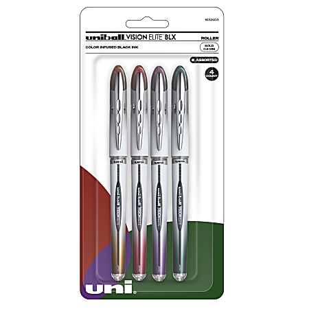 uni-ball® Vision™ Elite™ Liquid Ink Rollerball Pens, Bold Point, 0.8 mm, White Barrels, Assorted Ink Colors, Pack Of 4
