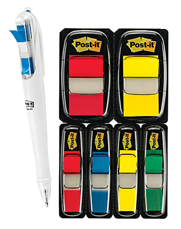 Post-it® Flag Multipack With Flag Ballpoint Pen, Assorted Colors, Pack Of 6 Pads