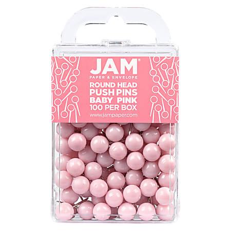 JAM Paper® Colorful Push Pins, 1/2", Baby Pink, Pack Of 100 Push Pins