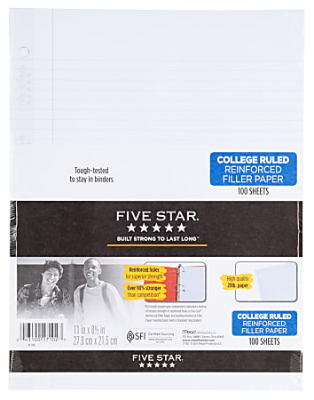 Five Star® Reinforced Filler Paper, 8 1/2" x 11", College Ruled, Pack Of 100 Sheets