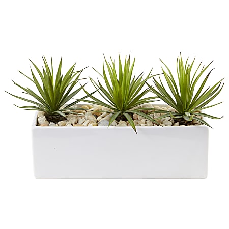Nearly Natural 8"H Mini Agave Artificial Plant With Rectangular Ceramic Planter, 8"H x 14-1/2"W x 7"D, White/Green