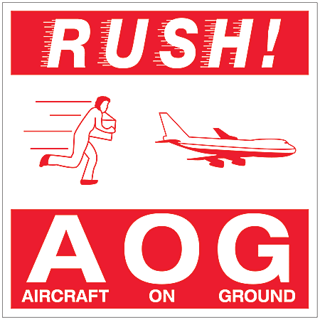 Tape Logic® Preprinted Shipping Labels, DL1376, Rush AOG — Aircraft On Ground, Square, 4" x 4", Red/White, Roll Of 500