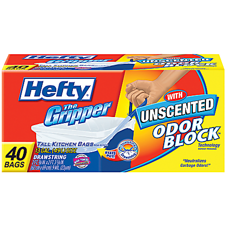 Hefty® CinchSak® Gripper Trash Bags, 13 Gallons, 0.9 Mil, Box Of 40