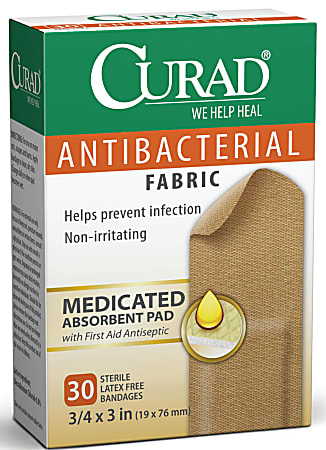 CURAD® Flex-Fabric™ Antibacterial Adhesive Bandages, 3/4" x 3", Brown, 30 Bandages Per Box, Case Of 24 Boxes