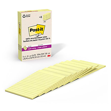 Post-it® Paper Super Sticky Notes, 360 Total Notes, Pack Of 8 Pads, 4" x 6", 100% Recycled, Canary Yellow, 45 Sheets Per Pad