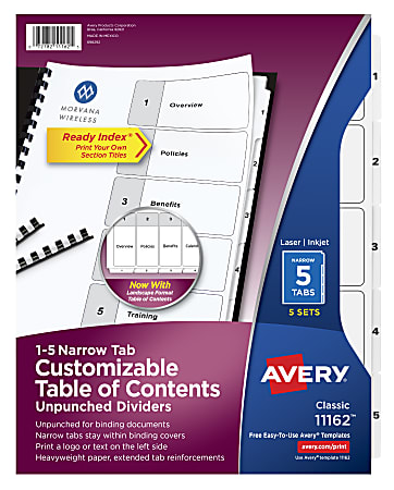 Avery® Ready Index® Table Of Contents Narrow 5-Tab Dividers, 8 1/2" x 11", 20% Recycled, White, Pack Of 5