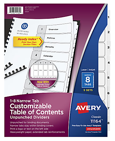 Avery® Ready Index® Table Of Contents Narrow 8-Tab Dividers, 8 1/2" x 11", 20% Recycled, White, Pack Of 5