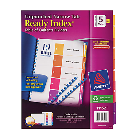 Avery® Ready Index® Narrow 5-Tab Table Of Contents Dividers, 8 1/2" x 11", 20% Recycled, White/Multicolor, Pack Of 5