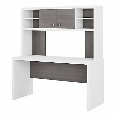 Bush Business Furniture Echo 60"W Credenza Desk with Hutch, Pure White/Modern Gray, Standard Delivery