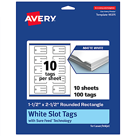 Avery® Print-To-The-Edge Slot Tags With Sure Feed® Technology, 1-1/2"x2-1/2" Rectangle Rounded, Matte White, Pack Of 100