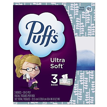 Puffs Ultra Soft Non-Lotion Facial Tissues, White, 124 Tissues Per Box, Pack Of 3 Boxes
