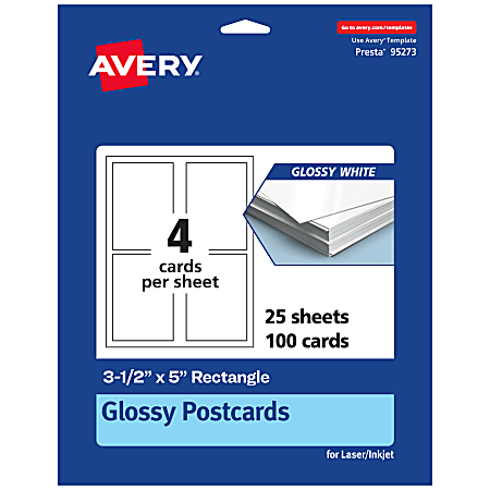 Avery® Printable Postcards, 95273-GWC25, Rectangle, 3.5" x 5", Glossy White, Pack Of 100
