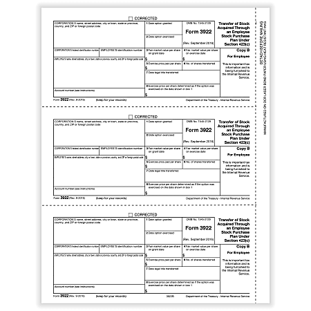 ComplyRight™ 3922 Tax Forms, 3-Up, Employee Copy B, Laser, 8-1/2" x 11", Pack Of 150 Forms