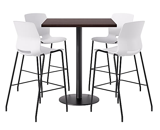 KFI Studios Proof Bistro Square Pedestal Table With Imme Bar Stools, Includes 4 Stools, 43-1/2”H x 42”W x 42”D, Cafelle Top/Black Base/White Chairs