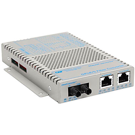 Omnitron OmniConverter 10/100/1000 PoE Gigabit Ethernet Fiber Media Converter Switch RJ45 ST Single-Mode 12km - 2 x 10/100/1000BASE-T; 1 x 1000BASE-LX; US AC Powered; Lifetime Warranty