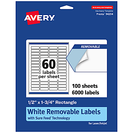 Avery® Removable Labels With Sure Feed®, 94204-RMP100, Rectangle, 1/2" x 1-3/4", White, Pack Of 6,000 Labels