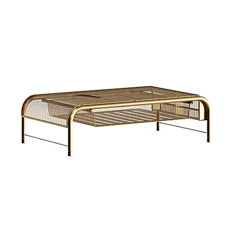 Martha Stewart Ryder Mesh Metal Desktop Monitor Stand Riser With Organizer Drawer And Side Storage, 6-1/2"H x 22-1/4"W x 12-1/2"D, Gold