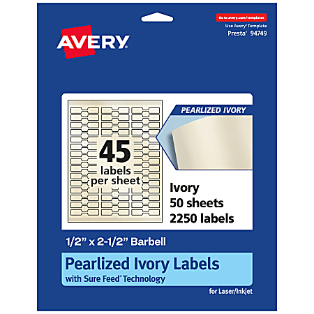 Avery® Pearlized Permanent Labels With Sure Feed®, 94749-PIP50, Barbell, 1/2" x 2-1/2", Ivory, Pack Of 2,250 Labels