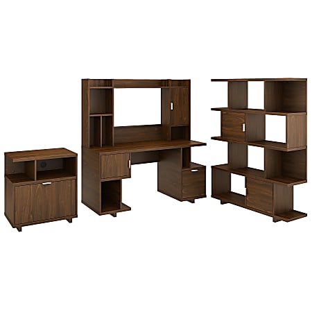 kathy ireland® Home by Bush Furniture Madison Avenue 60"W Computer Desk With Hutch/Lateral File Cabinet/Bookcase, Modern Walnut, Standard Delivery