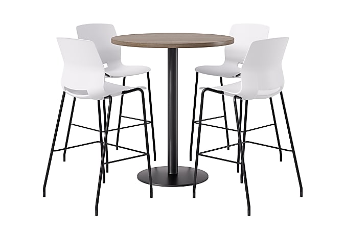 KFI Studios Proof Bistro Round Pedestal Table With Imme Barstools, 4 Barstools, Studio Teak/Black/White Stools